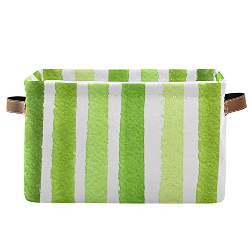 TSENQUE Large Storage Bins, Striped Lime Green Storage Cube Box, Foldable Toy Clothes Storage Baskets for Pantry