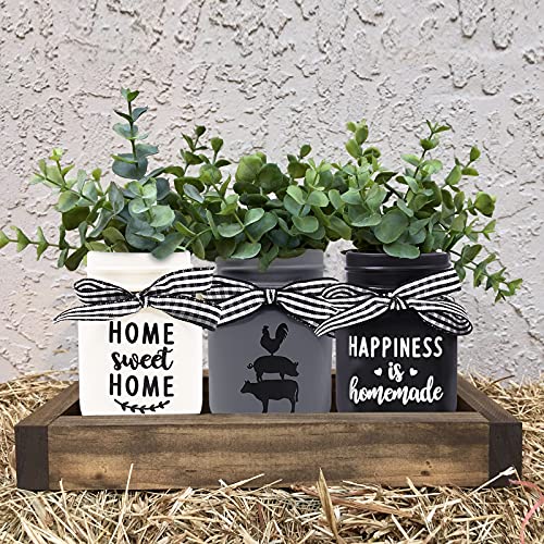 Farmhouse Mini Mason Jar Decorations for Tiered Tray Small Storage Jar with Lids for Home Kitchen Shelf Rustic Black White Farm Animal Home Sweet Happiness Homemade Housewarming Birthday Gift Set of 3