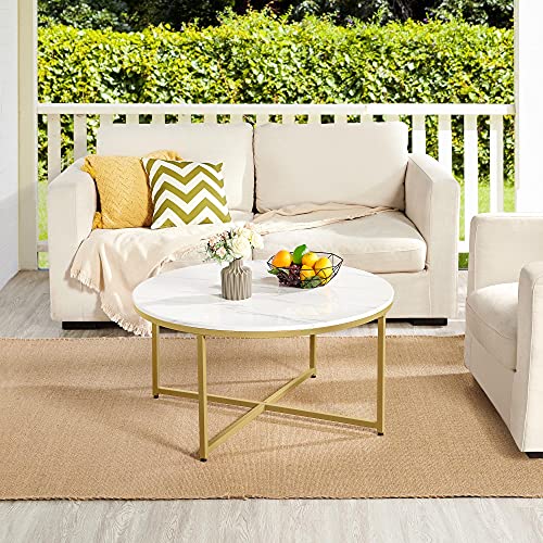 Yaheetech Modern Marble Coffee Table, Faux Accent Round Table Cocktail Table w/X-Base & Sturdy Metal Legs & Protective Foot Pads for Living Room, Mustard Gold