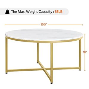 Yaheetech Modern Marble Coffee Table, Faux Accent Round Table Cocktail Table w/X-Base & Sturdy Metal Legs & Protective Foot Pads for Living Room, Mustard Gold