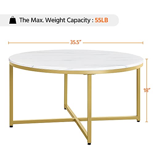 Yaheetech Modern Marble Coffee Table, Faux Accent Round Table Cocktail Table w/X-Base & Sturdy Metal Legs & Protective Foot Pads for Living Room, Mustard Gold
