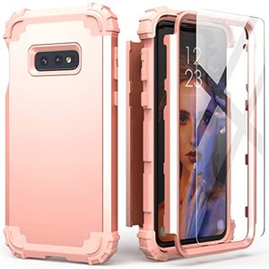 idweel galaxy s10e case with tempered glass screen protector, galaxy s10e, hybrid 3 in 1 shockproof heavy duty protection hard pc cover soft silicone rugged bumper full body cover, rose gold