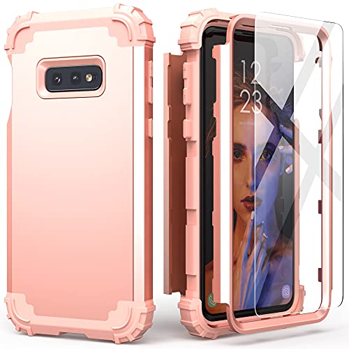 IDweel Galaxy S10E Case with Tempered Glass Screen Protector, Galaxy S10E, Hybrid 3 in 1 Shockproof Heavy Duty Protection Hard PC Cover Soft Silicone Rugged Bumper Full Body Cover, Rose Gold