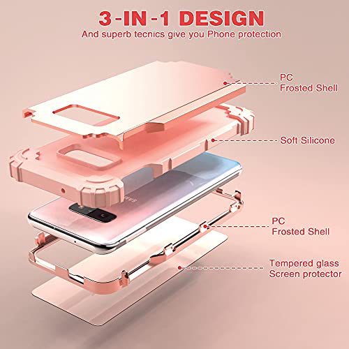 IDweel Galaxy S10E Case with Tempered Glass Screen Protector, Galaxy S10E, Hybrid 3 in 1 Shockproof Heavy Duty Protection Hard PC Cover Soft Silicone Rugged Bumper Full Body Cover, Rose Gold