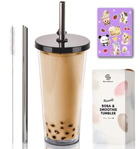24 oz reusable boba cup smoothie tumbler with resealable lid plug, double wall insulated, boba tea kit, leakproof bubble tea cup, reusable boba straw for boba pearls, bubble tea kit, boba kit (black)