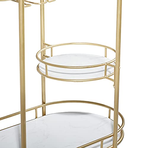 Deco 79 Metal Rolling 1 Glass and 2 Marble Shelves Bar Cart with Lockable Wheels and Mirrored Top, 31" x 16" x 33", Gold