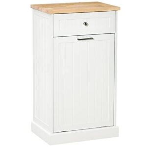 homcom kitchen tilt out trash bin cabinet free standing recycling cabinet trash can holder with drawer, white oak