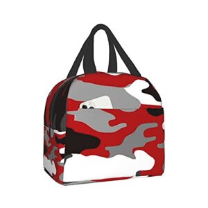 insulated lunch bag reusable lunch box, cooler lunch tote bag with front pocket for girls boys women men picnic office work, red camo print