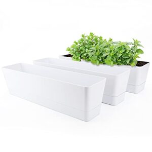 window boxes planters, greaner 3pcs 16x3.8 inch large herb planters with tray, indoor succulent cactus flowers vegetable plastic rectangle pots for balcony, office, garden, outdoor, windowsill (white)