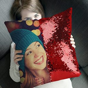 IWKWUZILM Custom Sequin Pillows with Picture Personalized Mermaid Sequin Pillow Custom Pillow Magic Sequin Pillow Personalized Gifts for mom for her (Red)