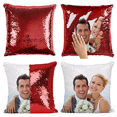 IWKWUZILM Custom Sequin Pillows with Picture Personalized Mermaid Sequin Pillow Custom Pillow Magic Sequin Pillow Personalized Gifts for mom for her (Red)