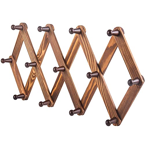 HILIPE Accordion Style Wooden Expandable Coat Rack Wall Mounted 13 Pegs Hook for Hat Coffee Mug Key Jacket Bag Towel Umbrella Porch (Retro Brown)