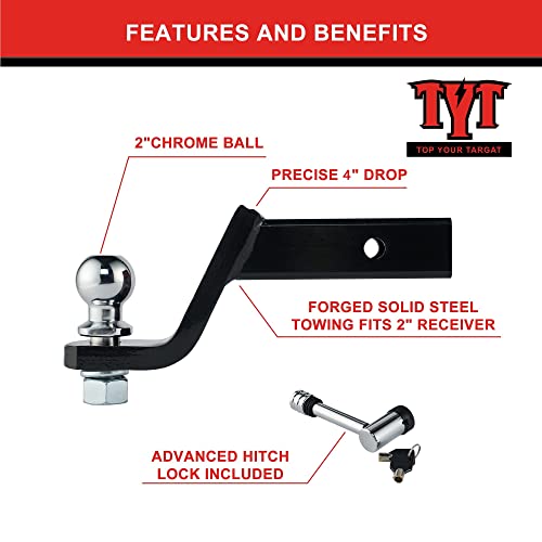 TYT Trailer Hitch Mount with 2" Ball,Free Advanced Hitch Lock, 4" Drop,Forged Solid Steel Towing Fits 2" Receiver, 2" Chrome Ball Head, 7,500 lbs, Black