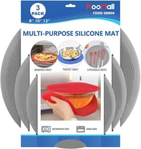 koomall 12 10 8 inch multi-use microwave mat, trivet, pot holders, drying, baking, place mat, utensils rest, silicone cover pad for hot pot pans bowls plates dishes kitchen counter,heat resistant,gray