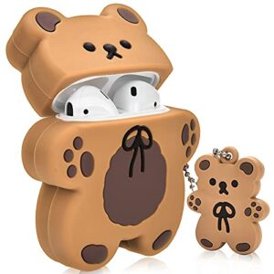 cute airpods cases with bear keychain cartoon biscuit bear design full protective silicone cover compatiable with airpod 2&1 case for kids and womens (dark brown)