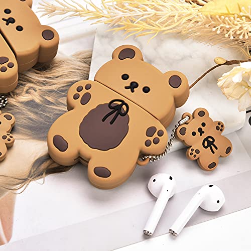 Cute AirPods Cases with Bear Keychain Cartoon Biscuit Bear Design Full Protective Silicone Cover Compatiable with AirPod 2&1 Case for Kids and Womens (Dark Brown)