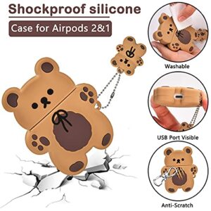 Cute AirPods Cases with Bear Keychain Cartoon Biscuit Bear Design Full Protective Silicone Cover Compatiable with AirPod 2&1 Case for Kids and Womens (Dark Brown)