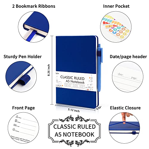 feela 24 Pack Journal Notebook for Work, Business Notebook Bulk Hardcover Lined Writing Journal with Pen Holder for Men Women Note Taking, with 24 Black Pens, 120 GSM, 5.1”x8.3”, A5, Navy