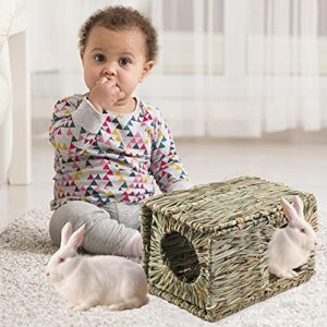 Fuaier Large Grass House for Rabbit Guinea Pig Hamster Chinchilla and Small Animals. Hand-Woven Safe and Comfortable Foldable Playhouse for Laying or Sleeping