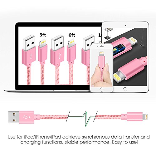 iPhone Charger, 4Packs(3ft 6ft 6ft 10ft) Charging Cable MFi Certified USB Lightning Cable Nylon Braided Fast Charging Cord Compatible for iPhone13/12/11/X/Max/8/7/6/6S/5/5S/SE/Plus/iPad(Pink)