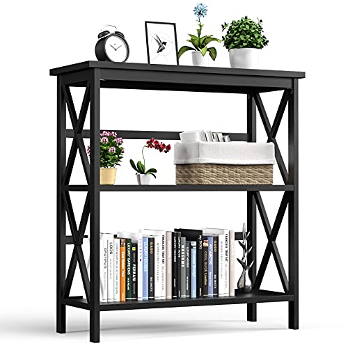 Tangkula 3-Tier Bookshelf, Vintage Wooden Bookcase with X-Style Frame, Anti-Toppling Device, Open Shelf Bookcase for Entryway Living Room Home Office, Multifunctional Storage Shelf (Black)