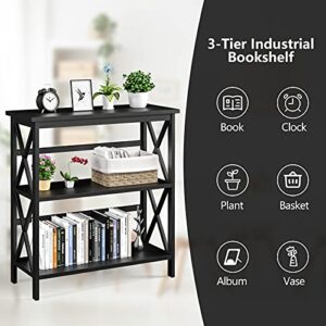 Tangkula 3-Tier Bookshelf, Vintage Wooden Bookcase with X-Style Frame, Anti-Toppling Device, Open Shelf Bookcase for Entryway Living Room Home Office, Multifunctional Storage Shelf (Black)