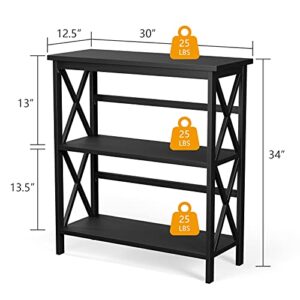 Tangkula 3-Tier Bookshelf, Vintage Wooden Bookcase with X-Style Frame, Anti-Toppling Device, Open Shelf Bookcase for Entryway Living Room Home Office, Multifunctional Storage Shelf (Black)