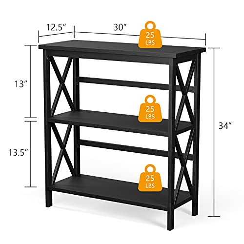 Tangkula 3-Tier Bookshelf, Vintage Wooden Bookcase with X-Style Frame, Anti-Toppling Device, Open Shelf Bookcase for Entryway Living Room Home Office, Multifunctional Storage Shelf (Black)