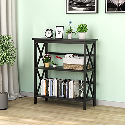 Tangkula 3-Tier Bookshelf, Vintage Wooden Bookcase with X-Style Frame, Anti-Toppling Device, Open Shelf Bookcase for Entryway Living Room Home Office, Multifunctional Storage Shelf (Black)