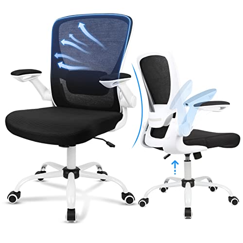 Ergousit Home Office Chair, Ergonomic White Desk Chair Adjustable Mesh Computer Chair with Lumbar Support and Larger Seat Flip UP Armrest Swivel Executive Chair, 250Lbs Capacity (White)