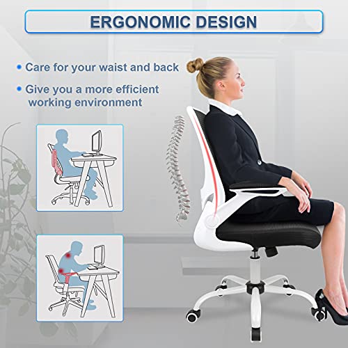 Ergousit Home Office Chair, Ergonomic White Desk Chair Adjustable Mesh Computer Chair with Lumbar Support and Larger Seat Flip UP Armrest Swivel Executive Chair, 250Lbs Capacity (White)