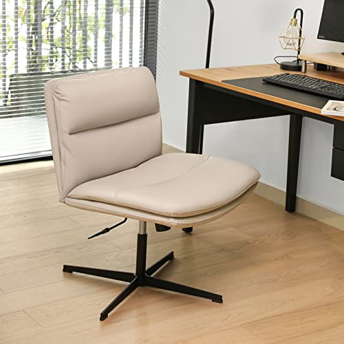 EMIAH Armless Office Desk Chair No Wheels PU-Padded Vanity Chair Mid-Back Ergonomic Home Office Computer Chair Comfortable Adjustable Swivel Task Chair with Thickened Cushion