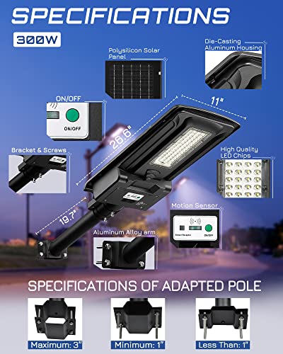 Favorwe 300W Solar Street Light, 20000 Lumens LED Street Lights Solar Powered Outdoor, Solar Parking Lot Lights with Motion Sensor and Remote Control, Waterproof Heavy Duty Die-Casting Aluminum