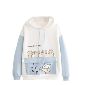 cute cat hoodie for teen girls long sleeve tops funny color splicing tees kawaii autumn sweatshirt comfy blouse blue