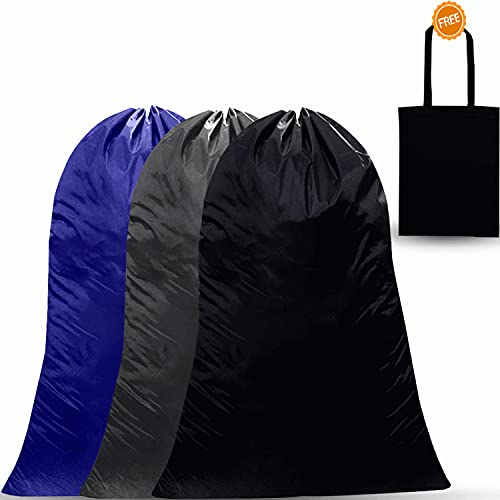 Dino74 3 Pack Heavy Duty Laundry Bags - Jumbo Traveling Dorm Room Bags Machine Washable Organizer for Storing Dirty Clothes With Free Reusable Grocery Bag, Black, Gray, Blue, 28 x 40 inch each bag