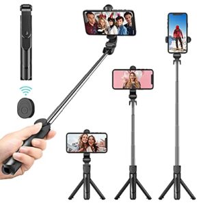 phone tripod stand, selfie stick tripod - extendable tripod stick with remote - wireless selfie stick tripod, portable tripod for phone (black)
