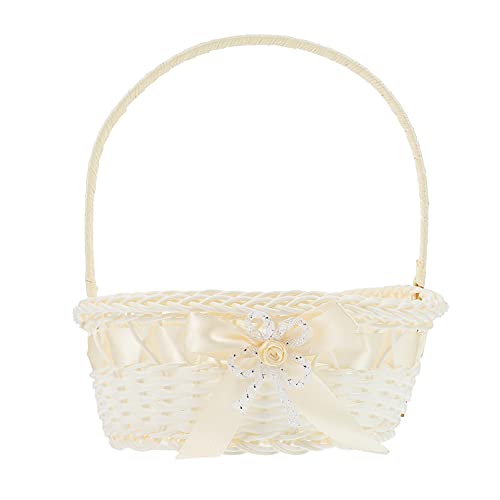 BESPORTBLE Wicker Storage Basket White Basket Handle Wedding Flower Girl Baskets Wedding Flower Candy Storage Basket Rustic Wedding Gift Basket Wicker Picnic Baskets