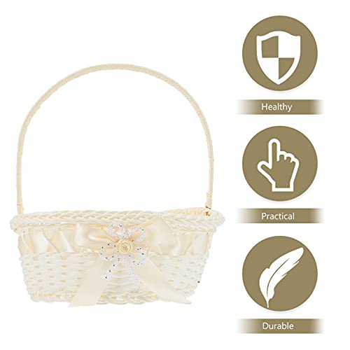 BESPORTBLE Wicker Storage Basket White Basket Handle Wedding Flower Girl Baskets Wedding Flower Candy Storage Basket Rustic Wedding Gift Basket Wicker Picnic Baskets