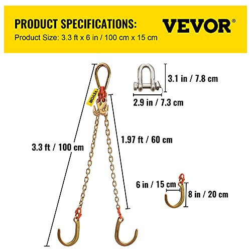 VEVOR J Hook Chain, 5/16 in x 2 ft Tow Chain Bridle, Grade 80 J Hook Transport Chain, 9260 Lbs Break Strength with JT Hook & Grab Hook, Tow Hooks for Trucks, Heavy Duty J Hook and Chain Shorteners