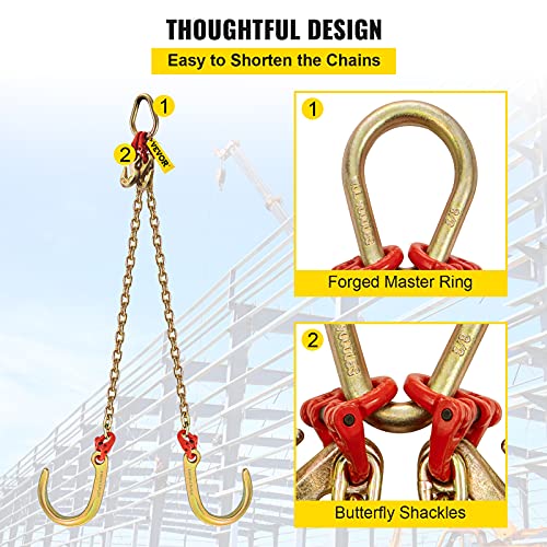 VEVOR J Hook Chain, 5/16 in x 2 ft Tow Chain Bridle, Grade 80 J Hook Transport Chain, 9260 Lbs Break Strength with JT Hook & Grab Hook, Tow Hooks for Trucks, Heavy Duty J Hook and Chain Shorteners