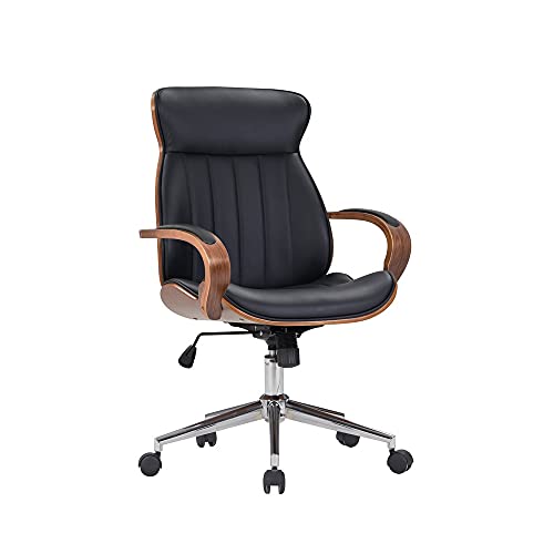 IDS Online Contemporary Walnut Wood Executive Swivel Ergonomic with Arms for Home Office Furniture Bentwood Mid Back Desk Chair, Black 25D x 20W x 42H in