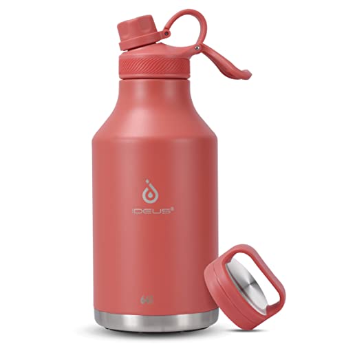 IDEUS Insulated Stainless Steel Water Bottle with 2 Leak-Proof Lids, Thermal Water Flask for Hiking Biking, 64oz, Red