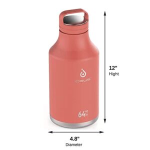 IDEUS Insulated Stainless Steel Water Bottle with 2 Leak-Proof Lids, Thermal Water Flask for Hiking Biking, 64oz, Red