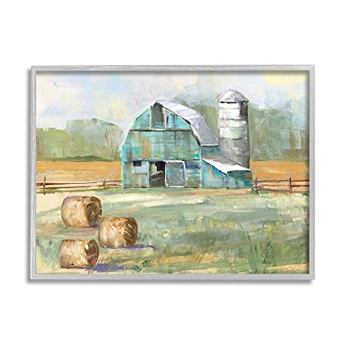 Stupell Industries Contemporary Blue Farm Barn Hay Bails Empty Field, Designed by Sally Swatland Gray Framed Wall Art, 30 x 24, Green