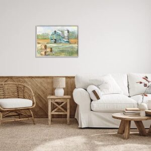 Stupell Industries Contemporary Blue Farm Barn Hay Bails Empty Field, Designed by Sally Swatland Gray Framed Wall Art, 30 x 24, Green