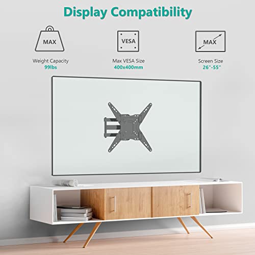 WALI TV Wall Mount for Most 26-55 inch LED TV Flat Panel Screen, Full Motion TV Mount Bracket with Perfect Center Design VESA up to 400x400mm, Weight up to 99lbs (2655LO), Black