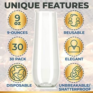 30 Plastic Stemless Champagne Flutes - Disposable Unbreakable toasting glasses, 30 pack | Clear Fancy Shatterproof & Reusable 9 Oz Champagne glass, BPA free - Ideal for Weddings, Birthdays, Parties