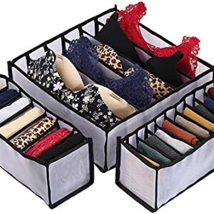 Upwsma Underwear Drawer Organizer Set, Foldable Underwear Storage Divider Boxes Includes 6/7/11 Cell Collapsible Closet Compartments for Socks, Bras, Underwear, Ties, Lingerie, Scarves (Black, 3 Set)