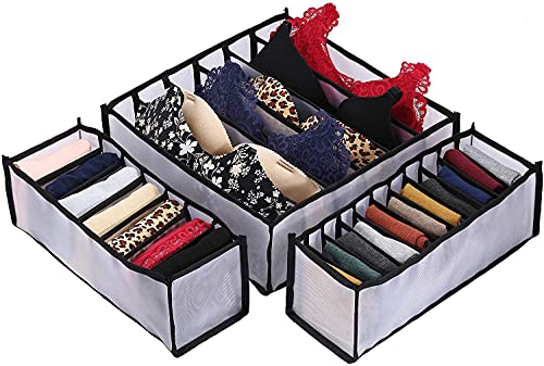 Upwsma Underwear Drawer Organizer Set, Foldable Underwear Storage Divider Boxes Includes 6/7/11 Cell Collapsible Closet Compartments for Socks, Bras, Underwear, Ties, Lingerie, Scarves (Black, 3 Set)