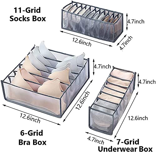 Upwsma Underwear Drawer Organizer Set, Foldable Underwear Storage Divider Boxes Includes 6/7/11 Cell Collapsible Closet Compartments for Socks, Bras, Underwear, Ties, Lingerie, Scarves (Black, 3 Set)